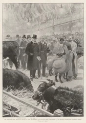 Kungen och prinsen av Wales på Smithfield Club Cattle Show, 9 december, Hans Majestät inspekterar Champion Sheep